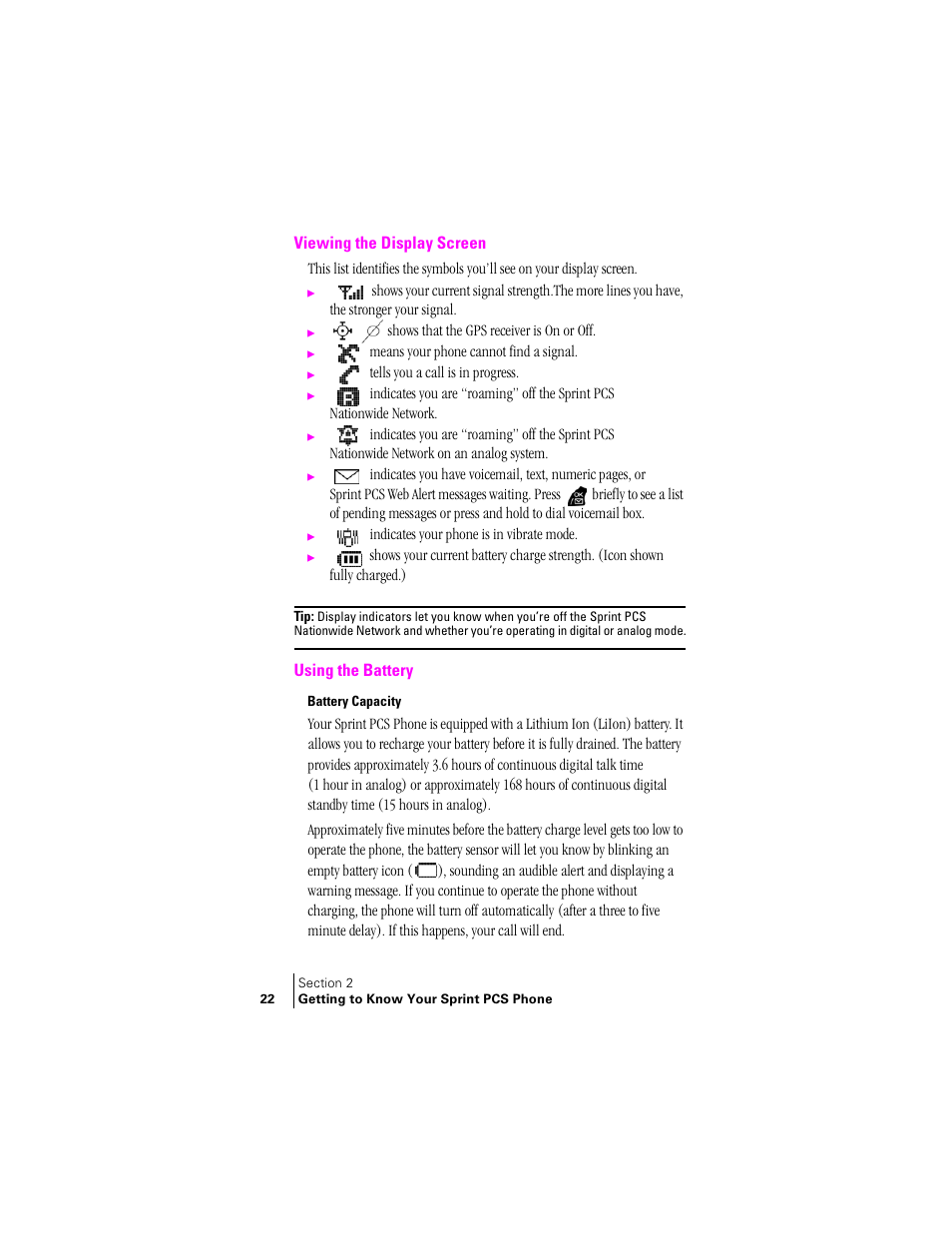 Viewing the display screen, Using the battery, Battery capacity | Samsung SPH-A400 User Manual | Page 22 / 157