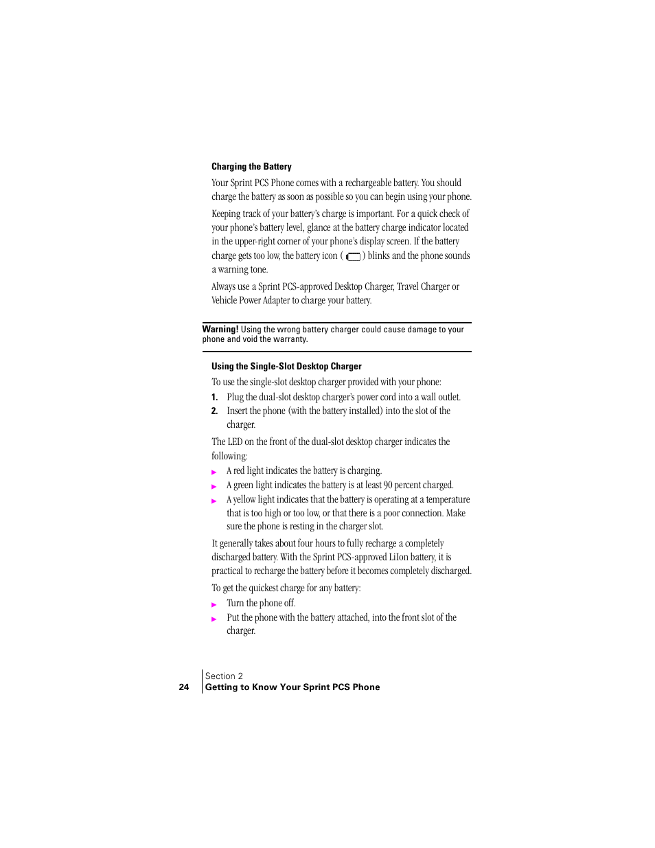 Charging the battery, Using the single-slot desktop charger | Samsung SPH-A400 User Manual | Page 24 / 157