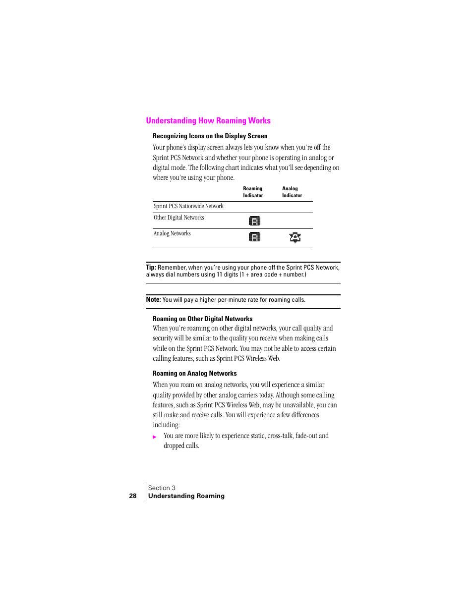 Understanding how roaming works, Recognizing icons on the display screen, Roaming on other digital networks | Roaming on analog networks | Samsung SPH-A400 User Manual | Page 28 / 157