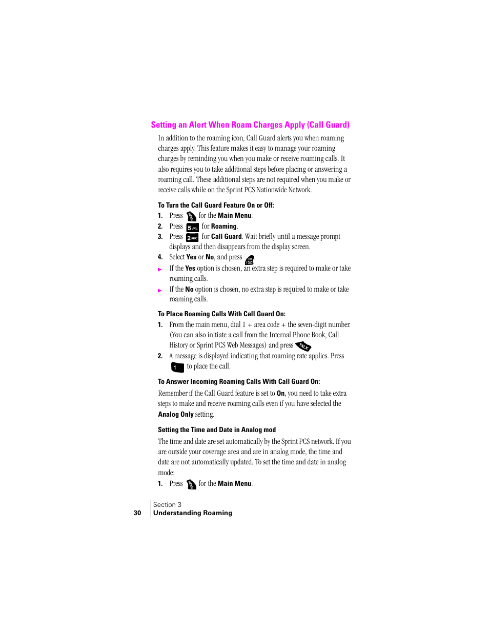 To turn the call guard feature on or off, To place roaming calls with call guard on, Setting the time and date in analog mode | Samsung SPH-A400 User Manual | Page 30 / 157