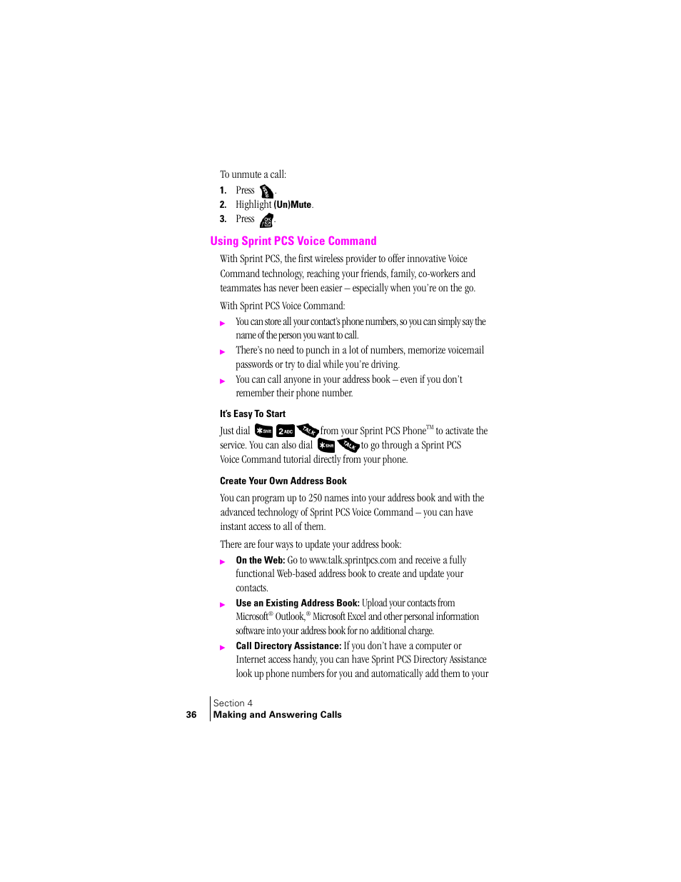 Using sprint pcs voice command, It’s easy to start, Create your own address book | Samsung SPH-A400 User Manual | Page 36 / 157