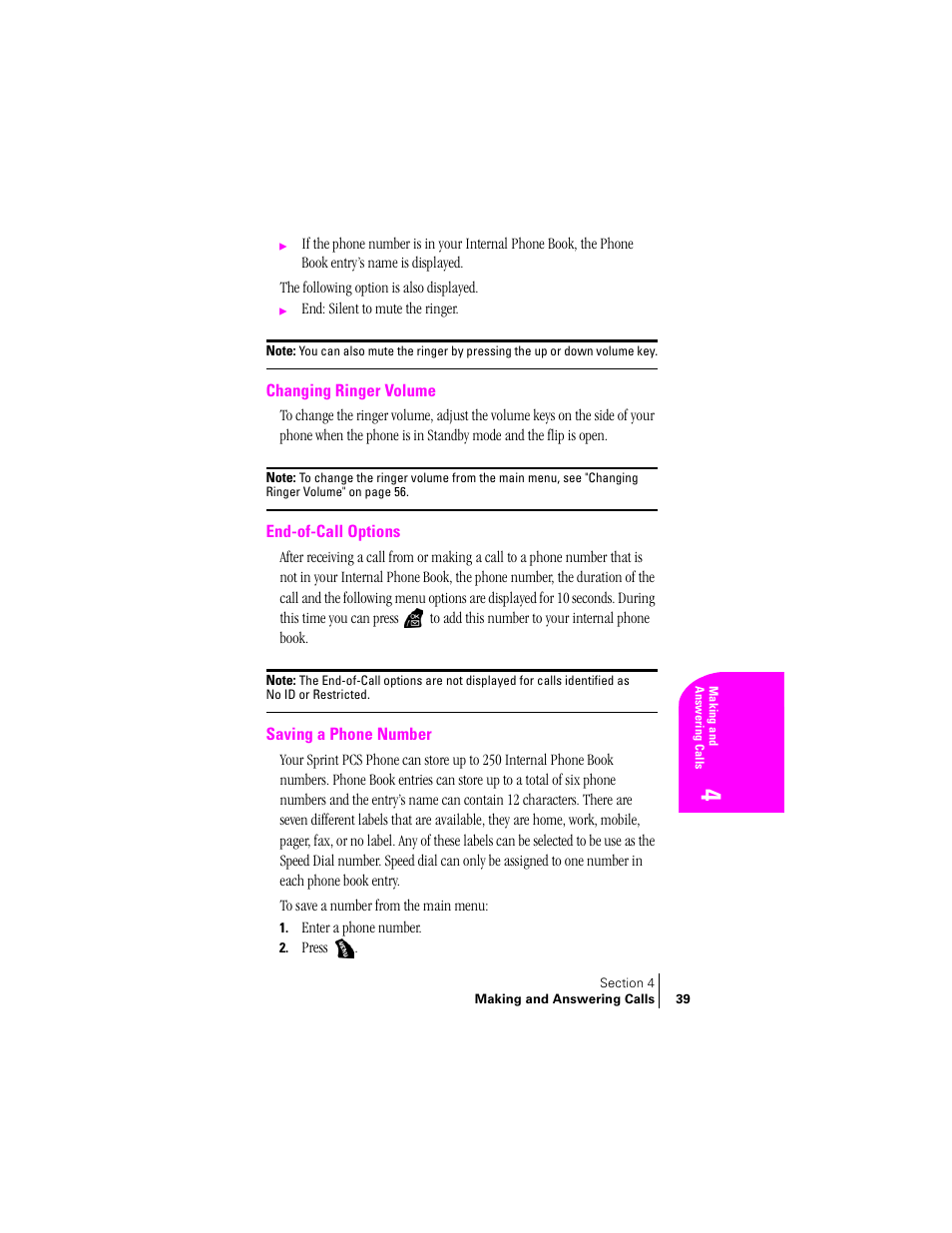 Changing ringer volume, End-of-call options, Saving a phone number | Samsung SPH-A400 User Manual | Page 39 / 157