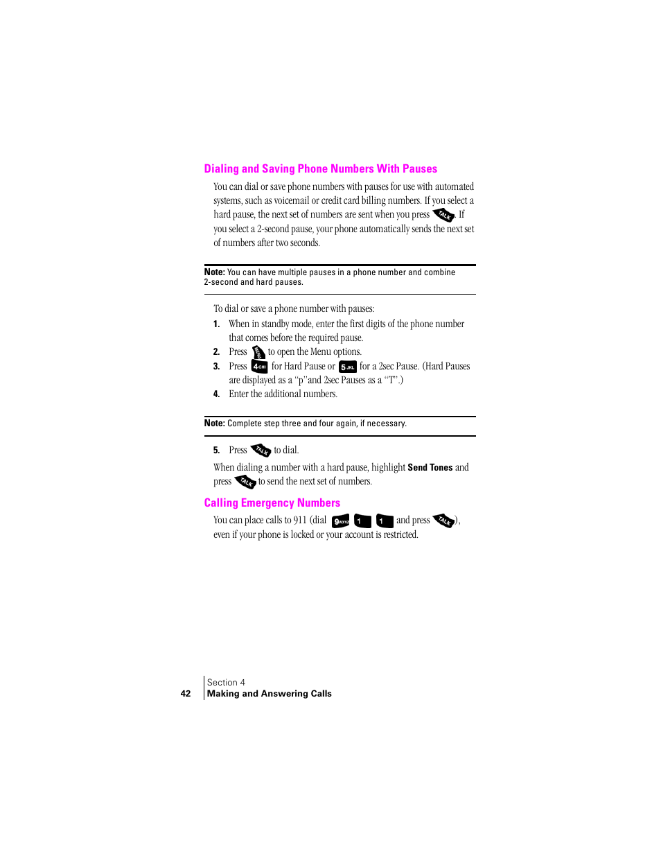 Dialing and saving phone numbers with pauses, Calling emergency numbers, Dialing and | Samsung SPH-A400 User Manual | Page 42 / 157