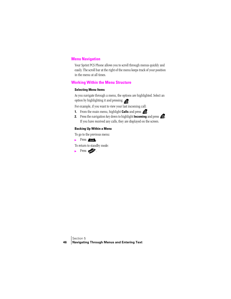 Menu navigation, Working within the menu structure, Selecting menu items | Backing up within a menu | Samsung SPH-A400 User Manual | Page 46 / 157