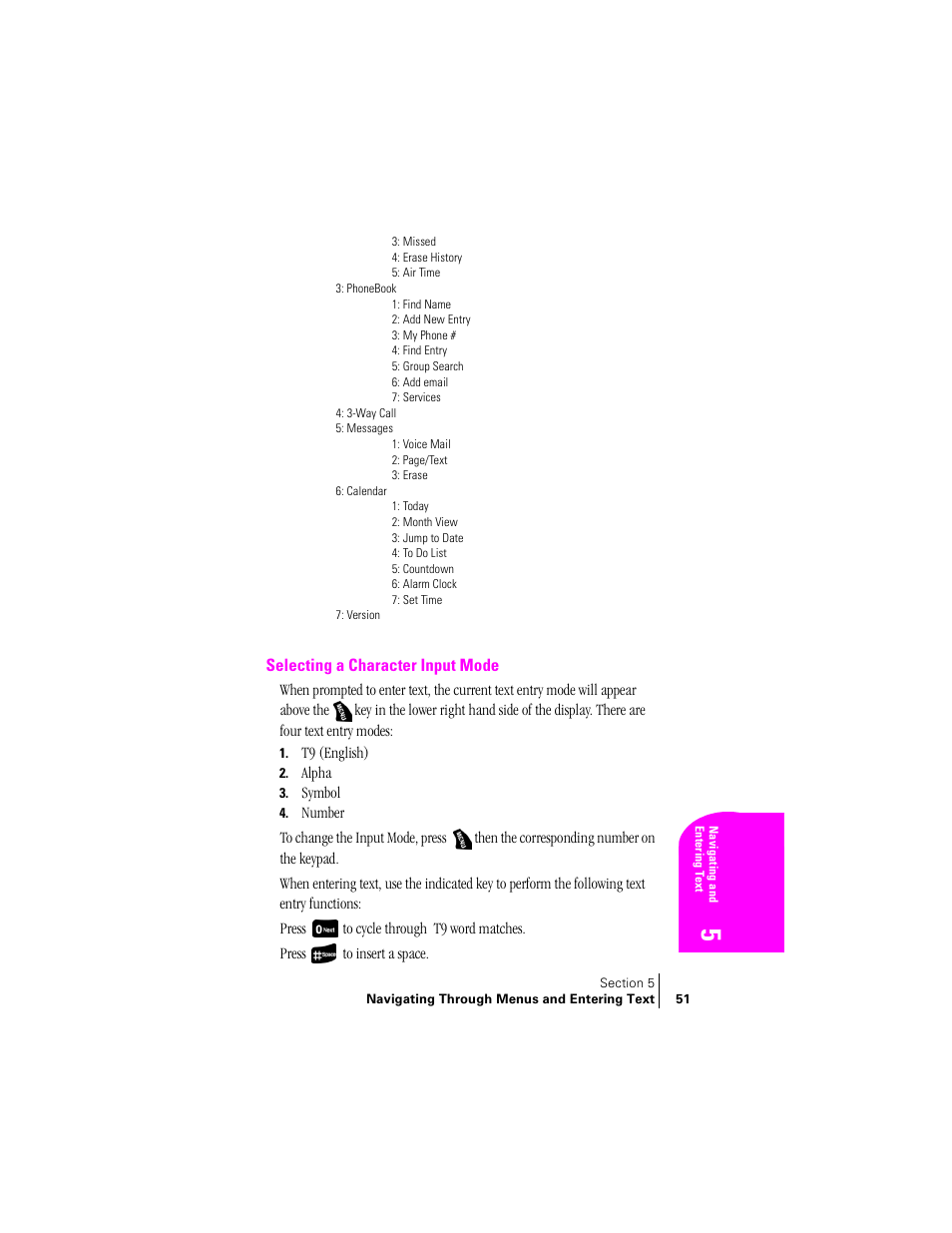 Selecting a character input mode | Samsung SPH-A400 User Manual | Page 51 / 157