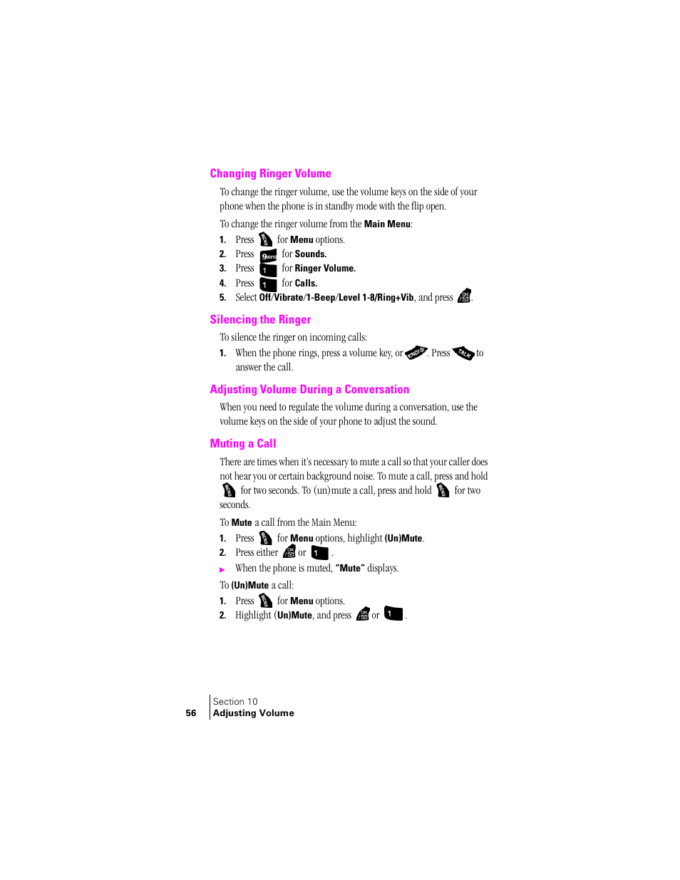Changing ringer volume, Silencing the ringer, Adjusting volume during a conversation | Muting a call | Samsung SPH-A400 User Manual | Page 56 / 157