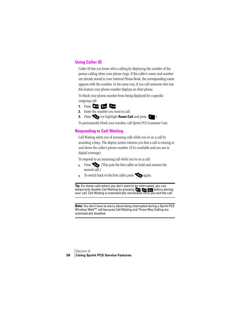Using caller id, Responding to call waiting | Samsung SPH-A400 User Manual | Page 58 / 157