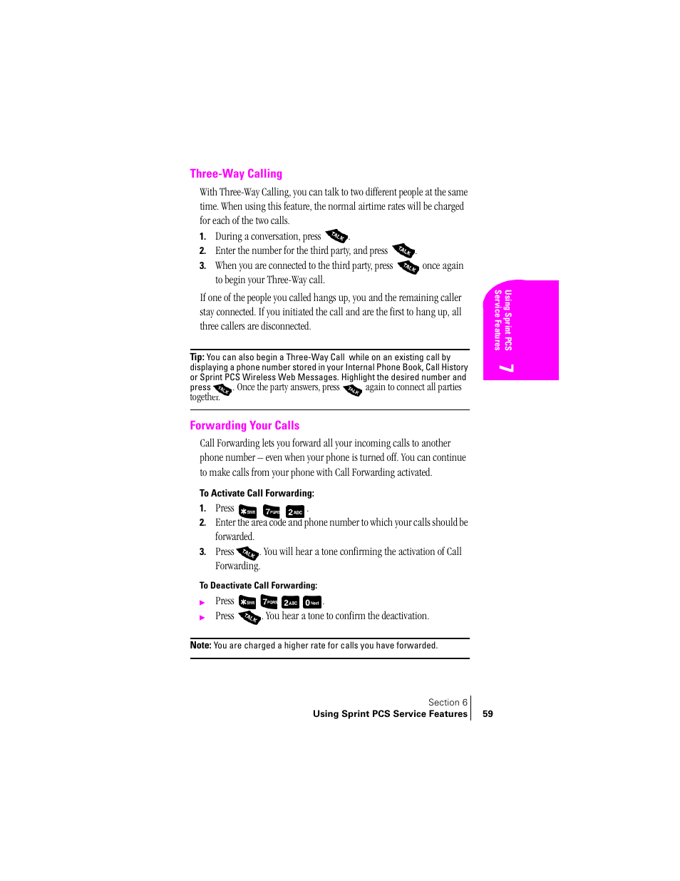 Three-way calling, Forwarding your calls, To activate call forwarding | To deactivate call forwarding | Samsung SPH-A400 User Manual | Page 59 / 157
