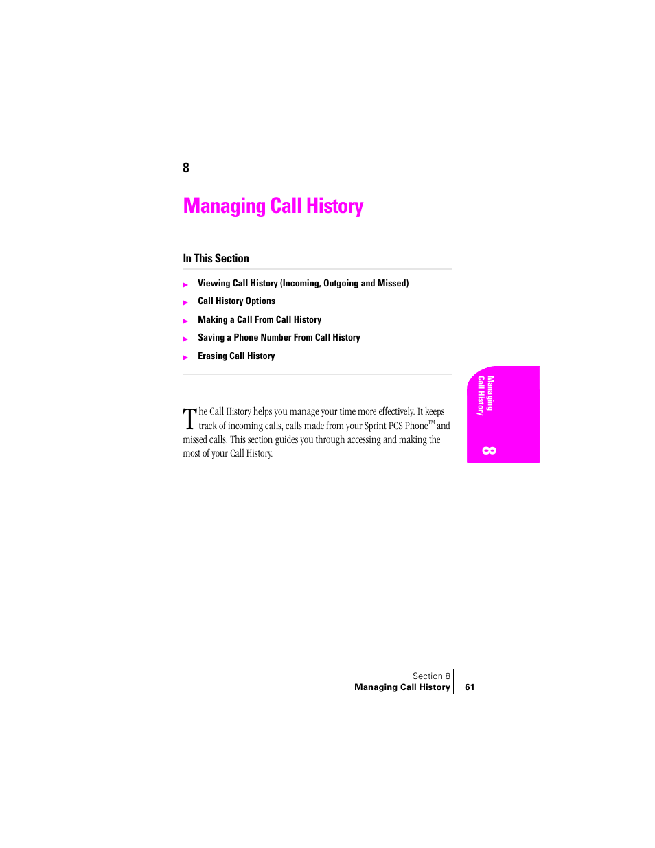 Managing call history | Samsung SPH-A400 User Manual | Page 61 / 157