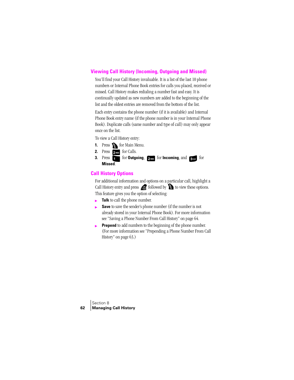Call history options | Samsung SPH-A400 User Manual | Page 62 / 157