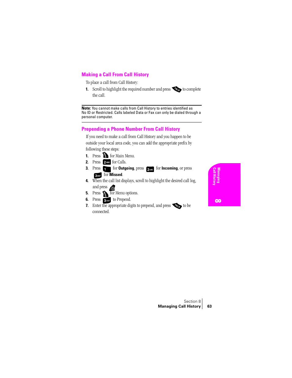 Making a call from call history, Prepending a phone number from call history | Samsung SPH-A400 User Manual | Page 63 / 157