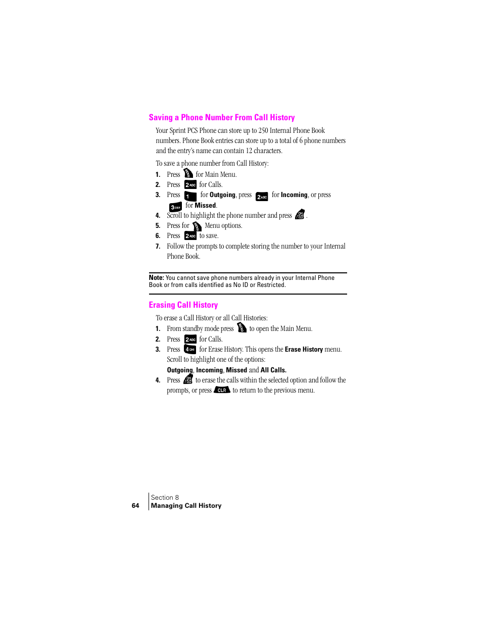 Saving a phone number from call history, Erasing call history | Samsung SPH-A400 User Manual | Page 64 / 157
