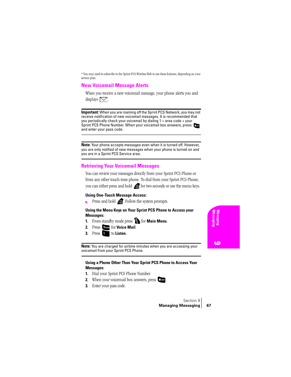 New voicemail message alerts, Retrieving your voicemail messages, Using one-touch message access | Samsung SPH-A400 User Manual | Page 67 / 157
