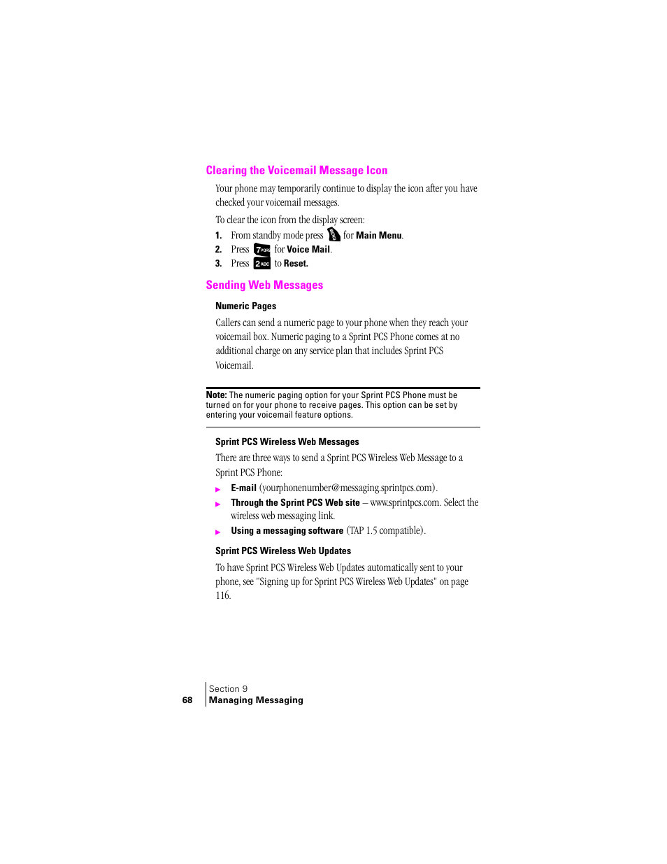 Clearing the voicemail message icon, Sending web messages, Sprint pcs wireless web messages | Sprint pcs wireless web updates | Samsung SPH-A400 User Manual | Page 68 / 157