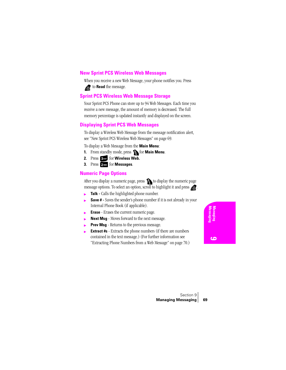 New sprint pcs wireless web messages, Sprint pcs wireless web message storage, Displaying sprint pcs web messages | Samsung SPH-A400 User Manual | Page 69 / 157