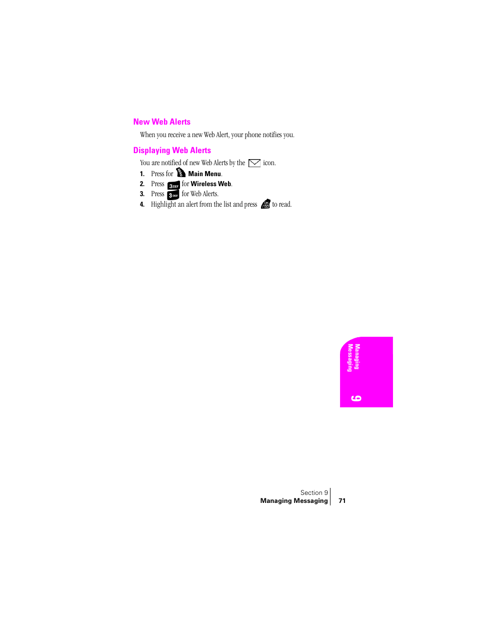 New web alerts, Displaying web alerts | Samsung SPH-A400 User Manual | Page 71 / 157