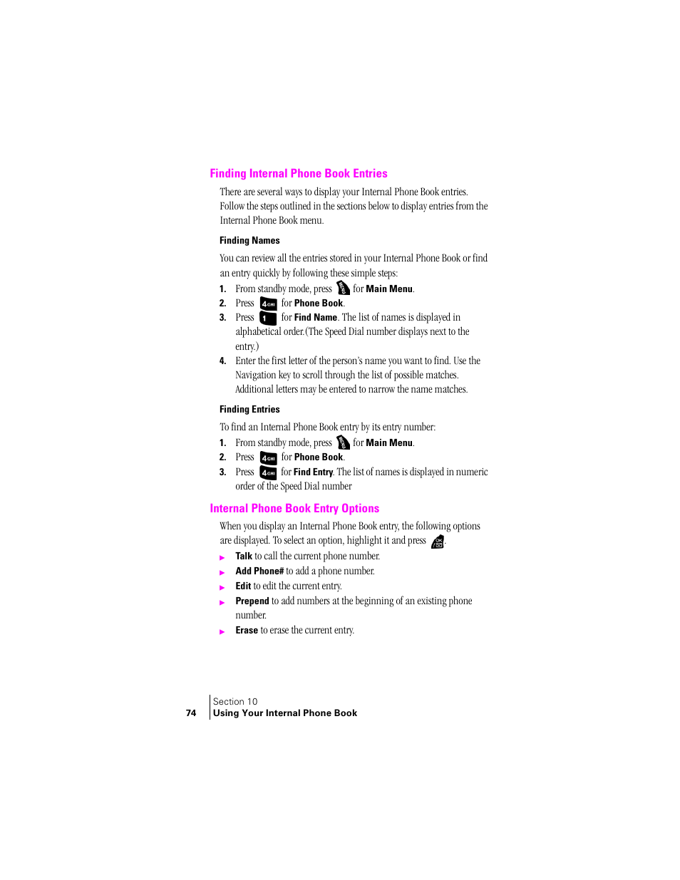 Finding internal phone book entries, Finding names, Finding entries | Internal phone book entry options | Samsung SPH-A400 User Manual | Page 74 / 157