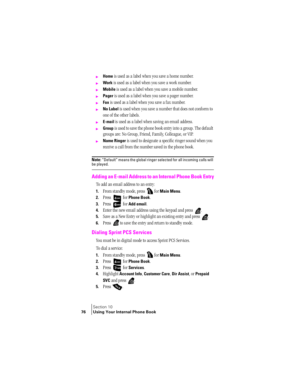 Dialing sprint pcs services | Samsung SPH-A400 User Manual | Page 76 / 157