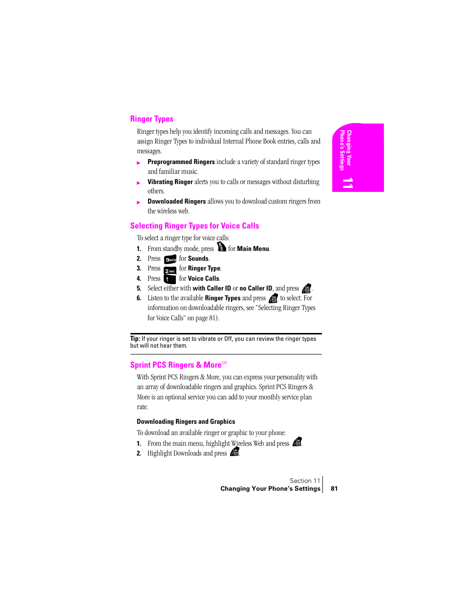 Ringer types, Selecting ringer types for voice calls, Sprint pcs ringers & moresm | Downloading ringers and graphics | Samsung SPH-A400 User Manual | Page 81 / 157