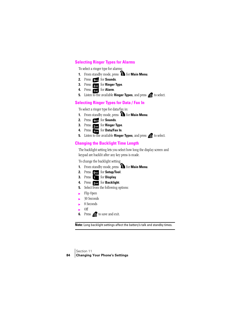 Selecting ringer types for alarms, Selecting ringer types for data / fax in, Changing the backlight time length | Samsung SPH-A400 User Manual | Page 84 / 157