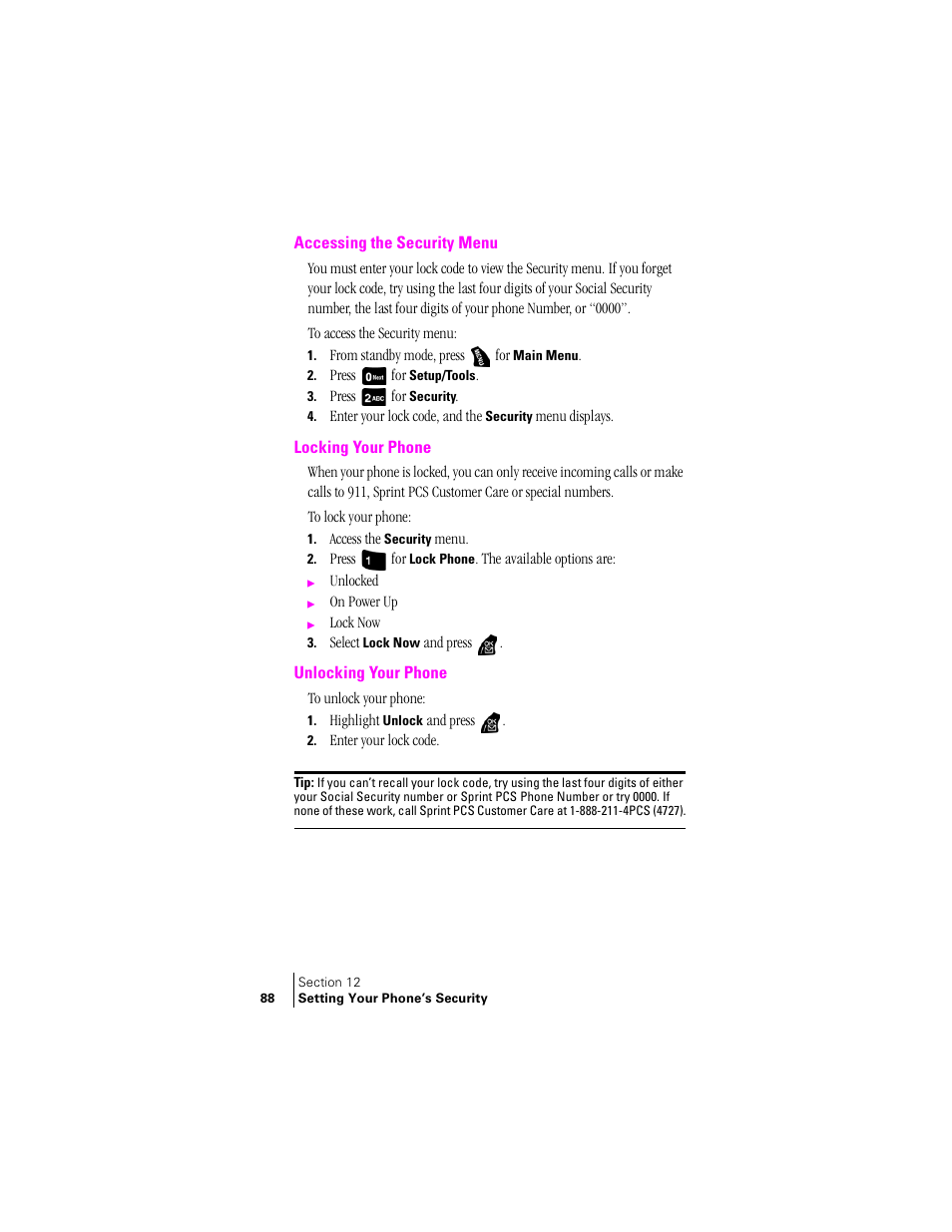 Accessing the security menu, Locking your phone, Unlocking your phone | Samsung SPH-A400 User Manual | Page 88 / 157