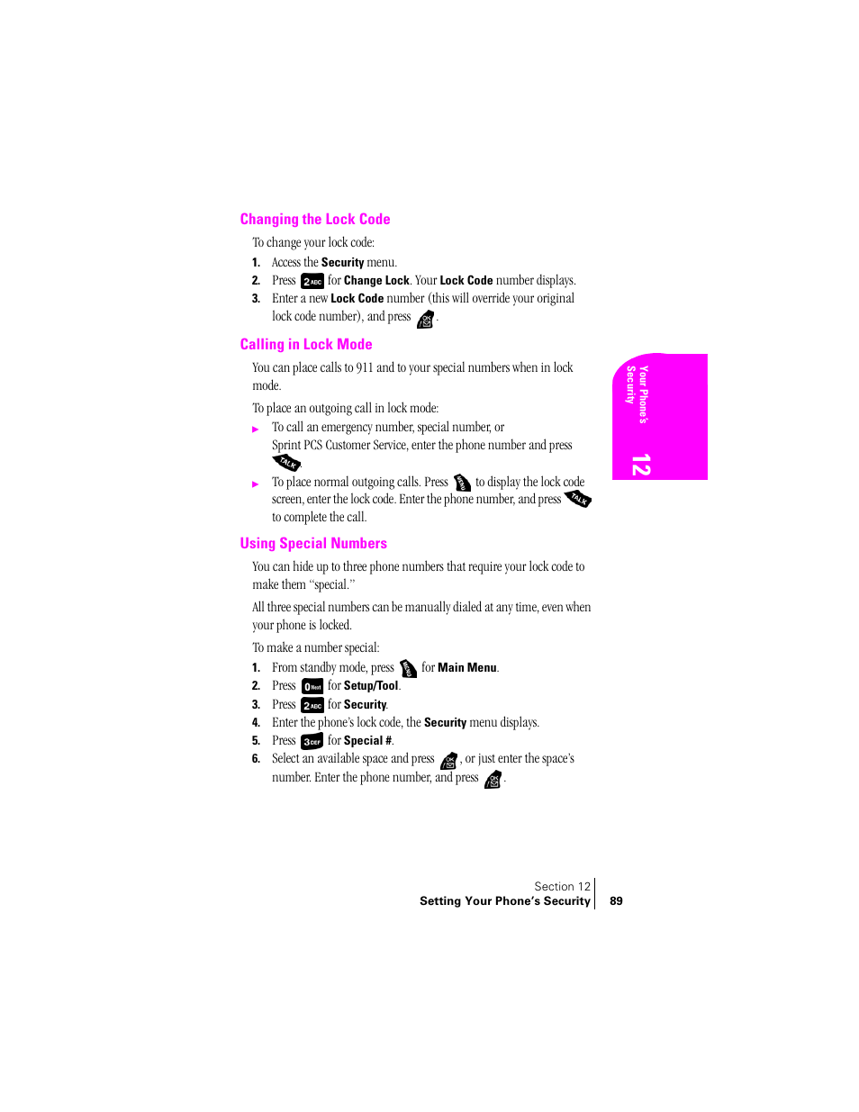 Changing the lock code, Calling in lock mode, Using special numbers | Samsung SPH-A400 User Manual | Page 89 / 157