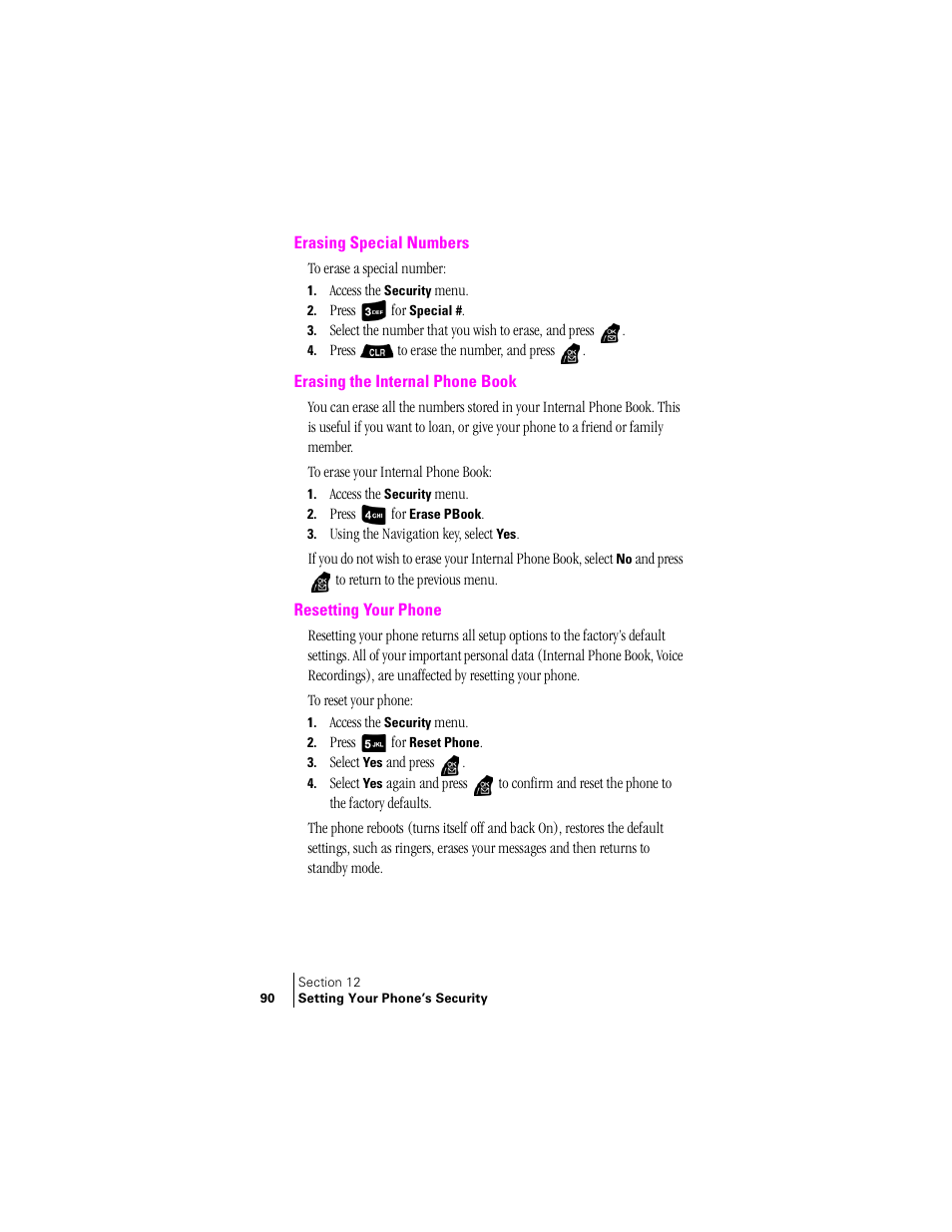 Erasing special numbers, Erasing the internal phone book, Resetting your phone | Samsung SPH-A400 User Manual | Page 90 / 157