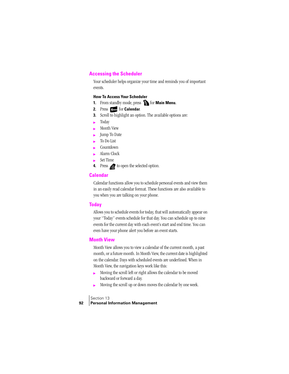 Accessing the scheduler, How to access your scheduler, Calendar | Today, Month view | Samsung SPH-A400 User Manual | Page 92 / 157