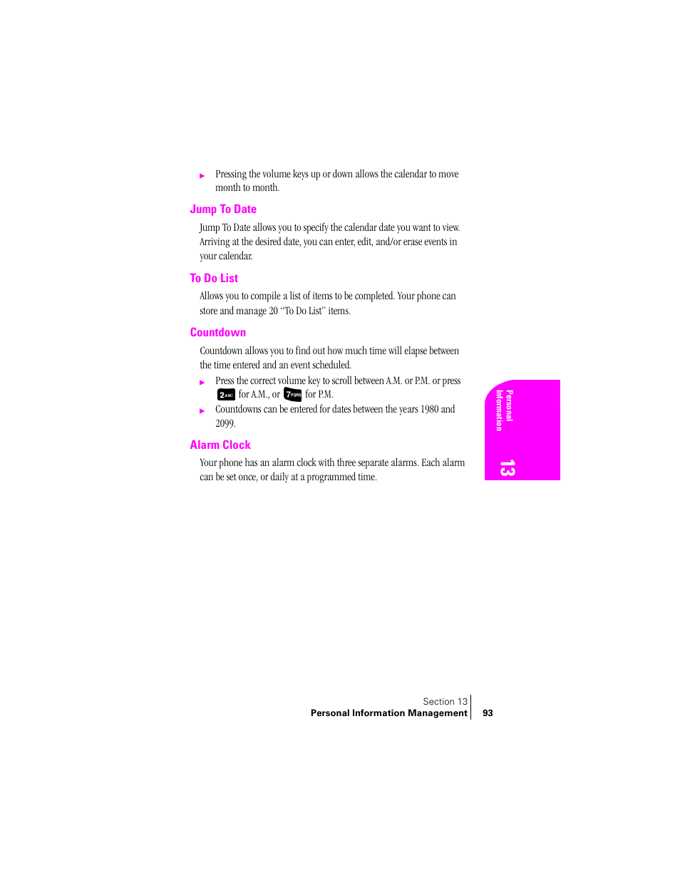 Jump to date, To do list, Countdown | Alarm clock | Samsung SPH-A400 User Manual | Page 93 / 157