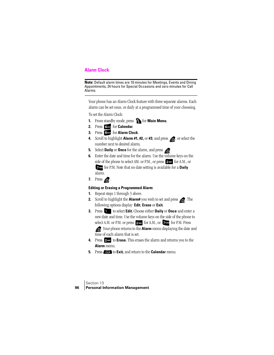 Alarm clock, Editing or erasing a programmed alarm | Samsung SPH-A400 User Manual | Page 96 / 157