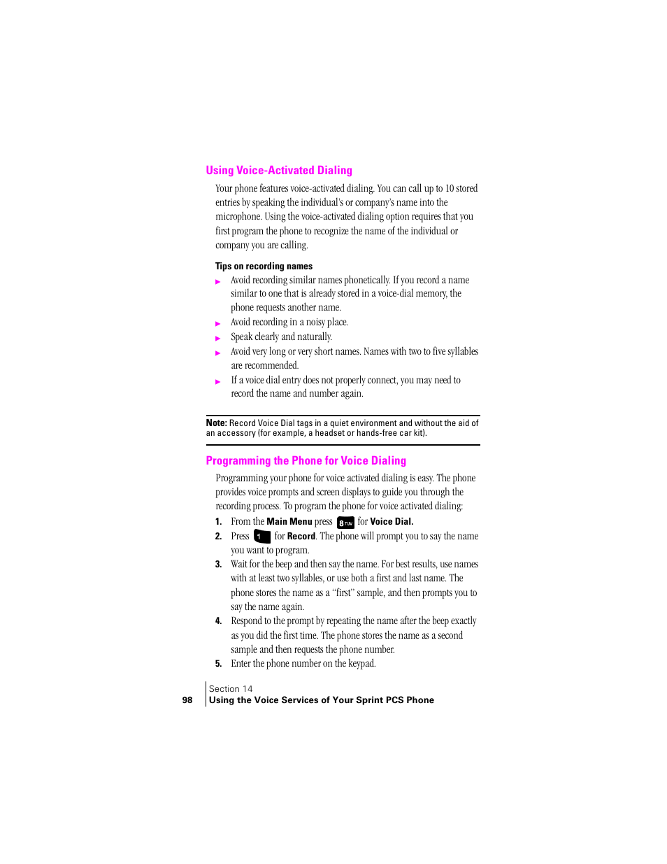 Using voice-activated dialing, Tips on recording names, Programming the phone for voice dialing | Samsung SPH-A400 User Manual | Page 98 / 157