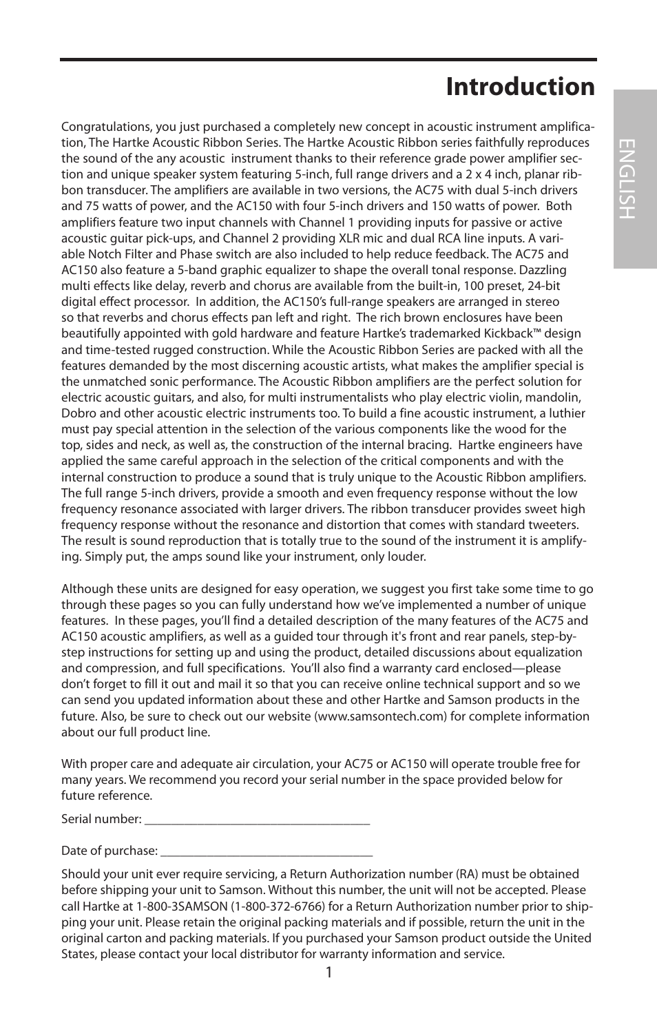 Introduction, English | Samson Acoustic User Manual | Page 7 / 84