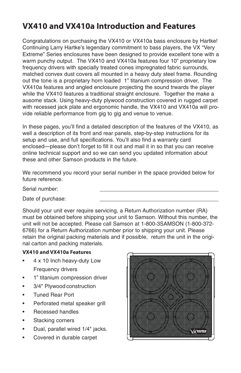 Samson Bass Enclosure VX410a User Manual | Page 2 / 4