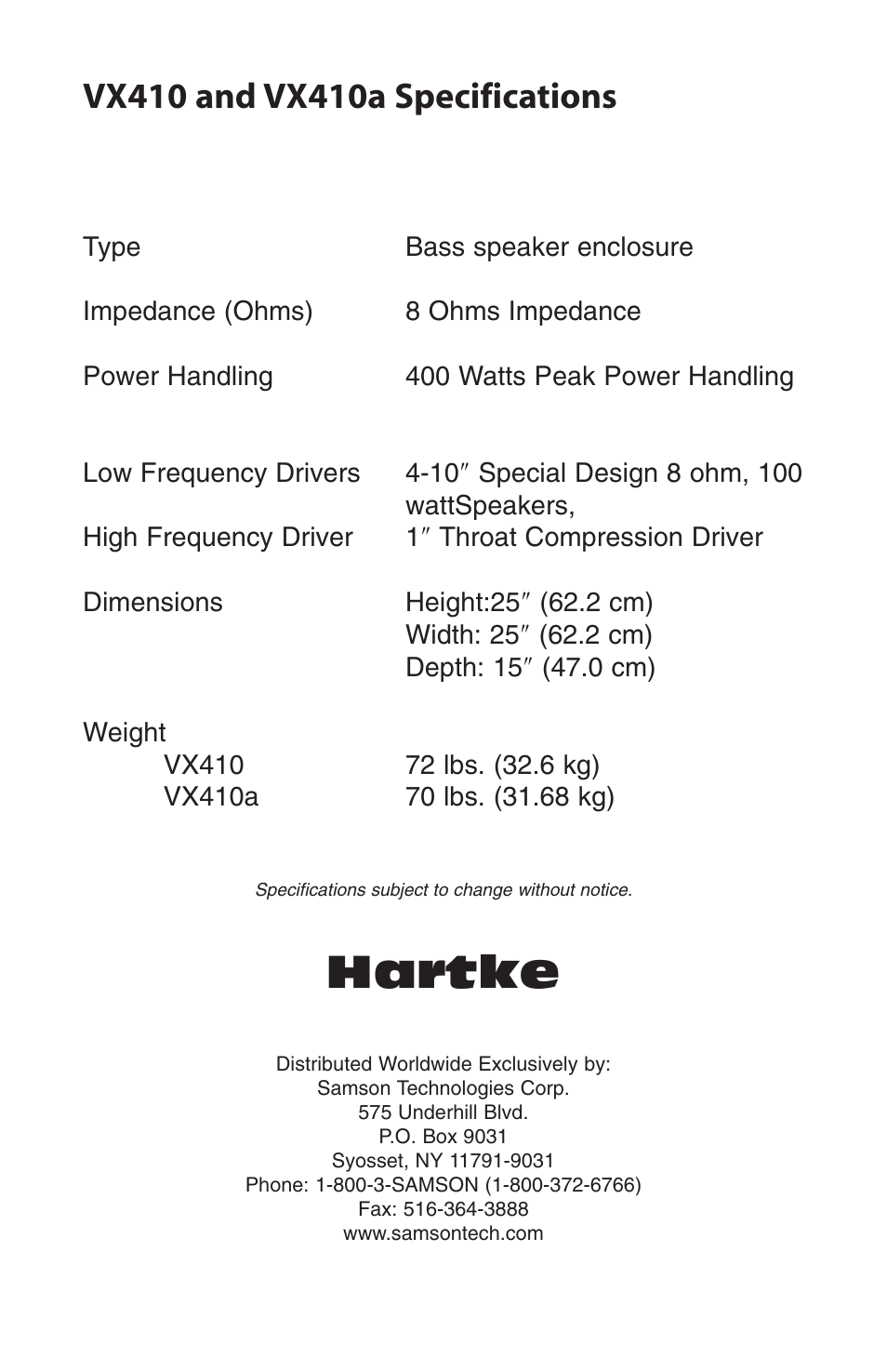 Hartke | Samson Bass Enclosure VX410a User Manual | Page 4 / 4