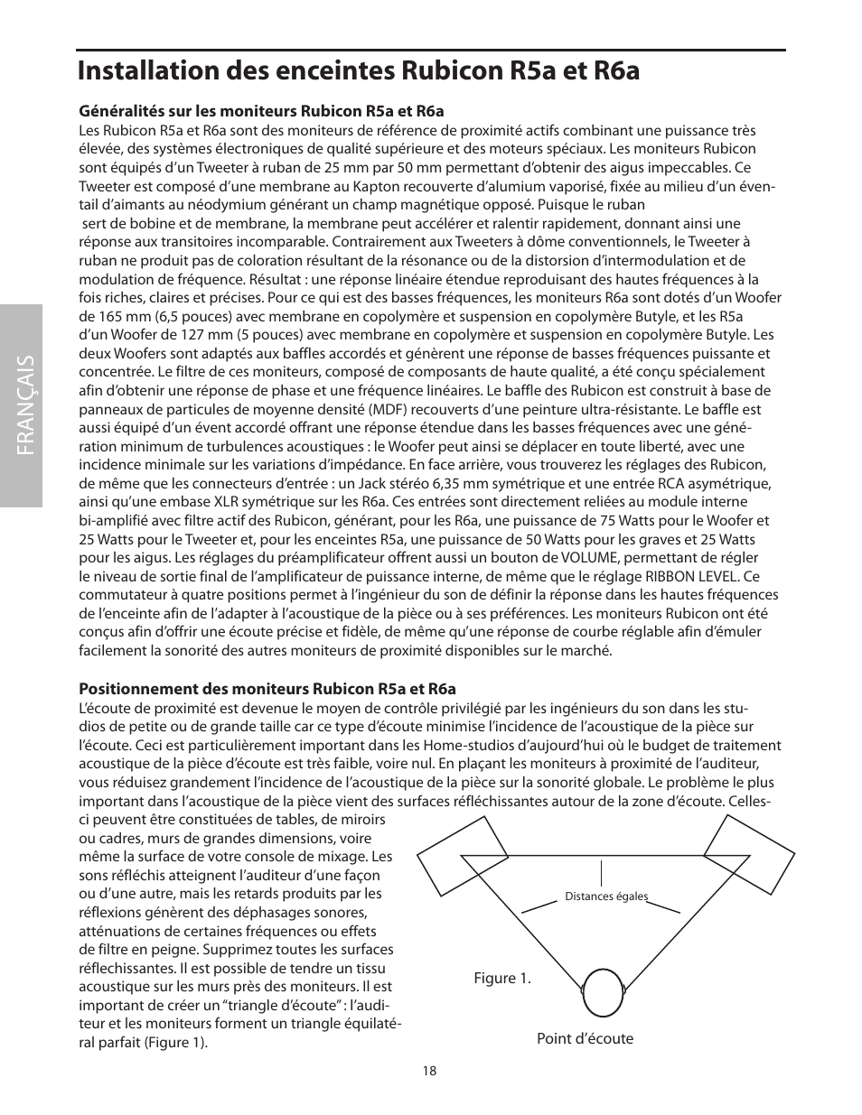 Installation des enceintes rubicon r5a et r6a, Généralités sur les moniteurs rubicon r5a et r6a, Positionnement des moniteurs rubicon r5a et r6a | Fr anç ais | Samson 6A User Manual | Page 22 / 64