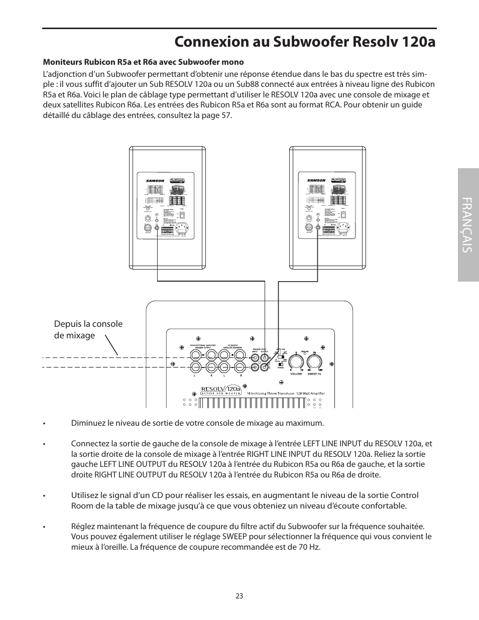 Connexion au subwoofer resolv 120a, Moniteurs rubicon r5a et r6a avec subwoofer mono, Fr anç ais | Samson 6A User Manual | Page 27 / 64