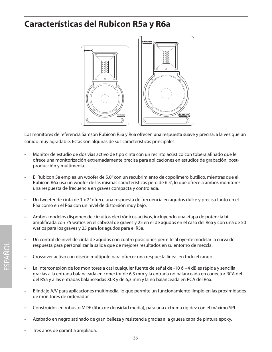 Características del rubicon r5a y r6a, Esp añol | Samson 6A User Manual | Page 40 / 64