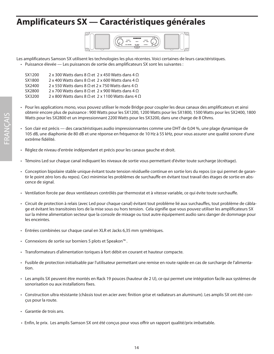 Amplificateurs sx — caractéristiques générales, Fr anç ais | Samson SX2800 User Manual | Page 16 / 60