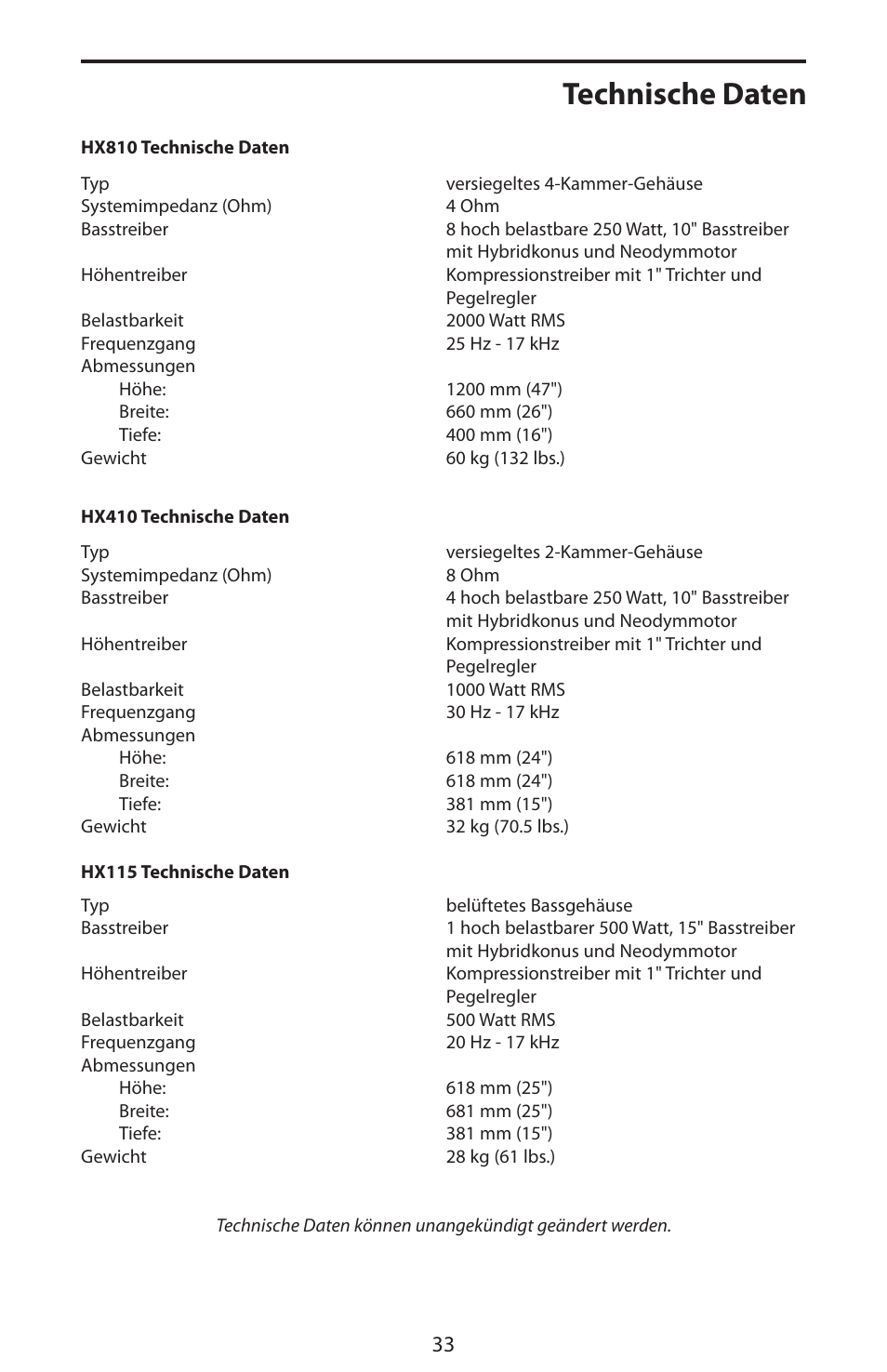 Technische daten | Samson HyDrive HX410 User Manual | Page 37 / 40