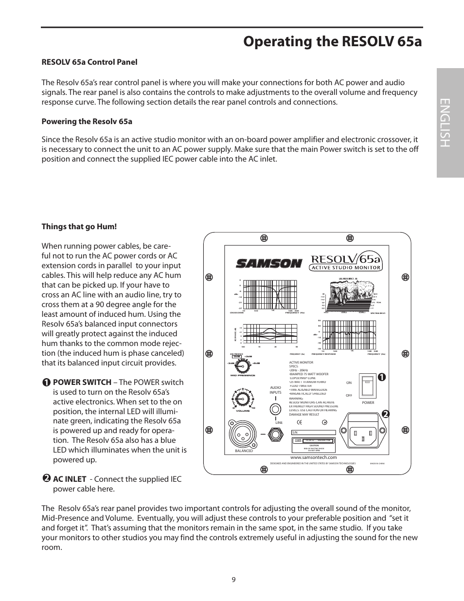Resolv 65a control panel, Powering the resolv 65a, Operating the resolv 65a | English | Samson Resolv 65a RESOLV65A User Manual | Page 11 / 52