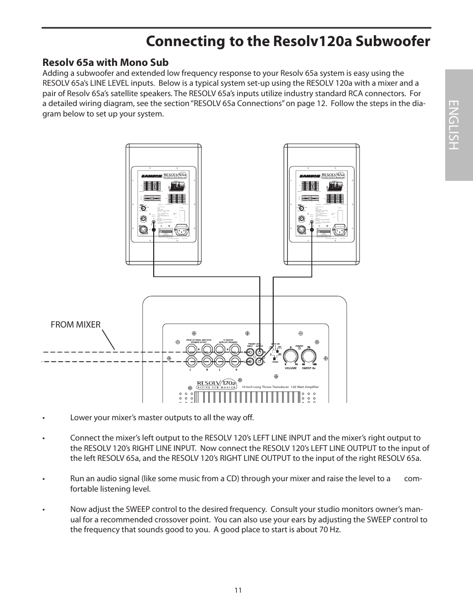 Connecting to the resolv120a subwoofer, English, Resolv 65a with mono sub | Samson Resolv 65a RESOLV65A User Manual | Page 13 / 52