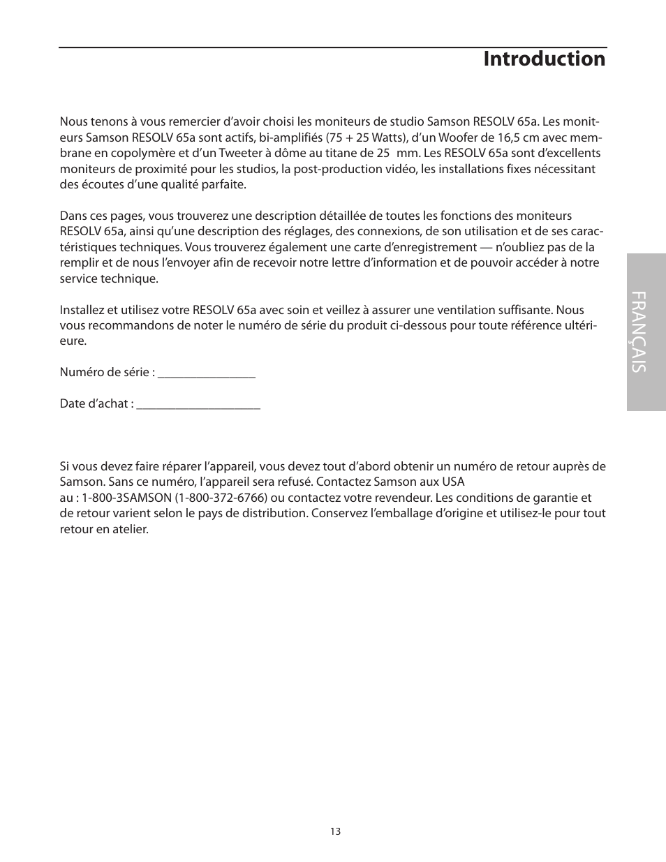 Français, Introduction, Fr anç ais | Samson Resolv 65a RESOLV65A User Manual | Page 15 / 52