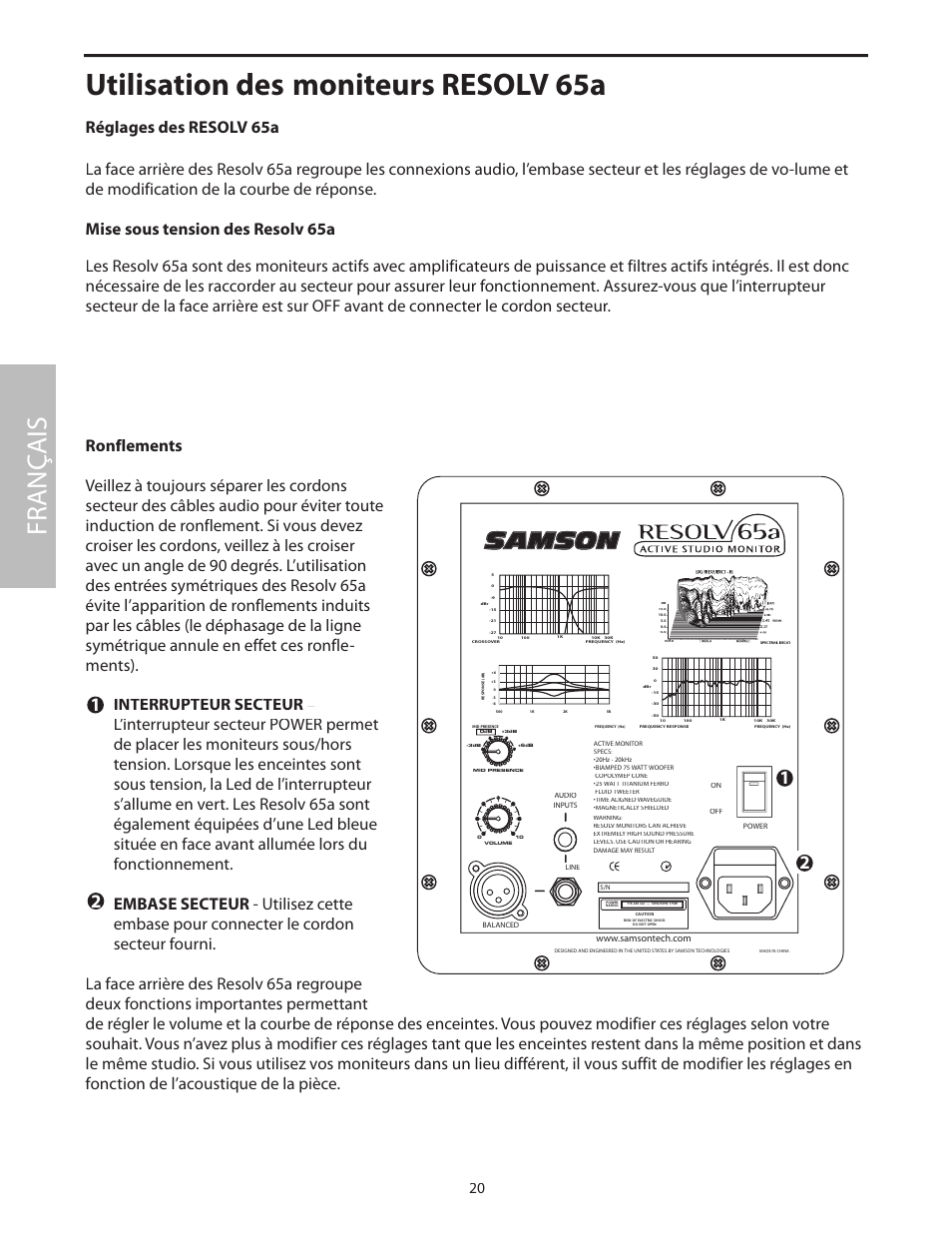 Mise sous tension des resolv 65a, Ronflements, Utilisation des moniteurs resolv 65a | Fr anç ais | Samson Resolv 65a RESOLV65A User Manual | Page 22 / 52