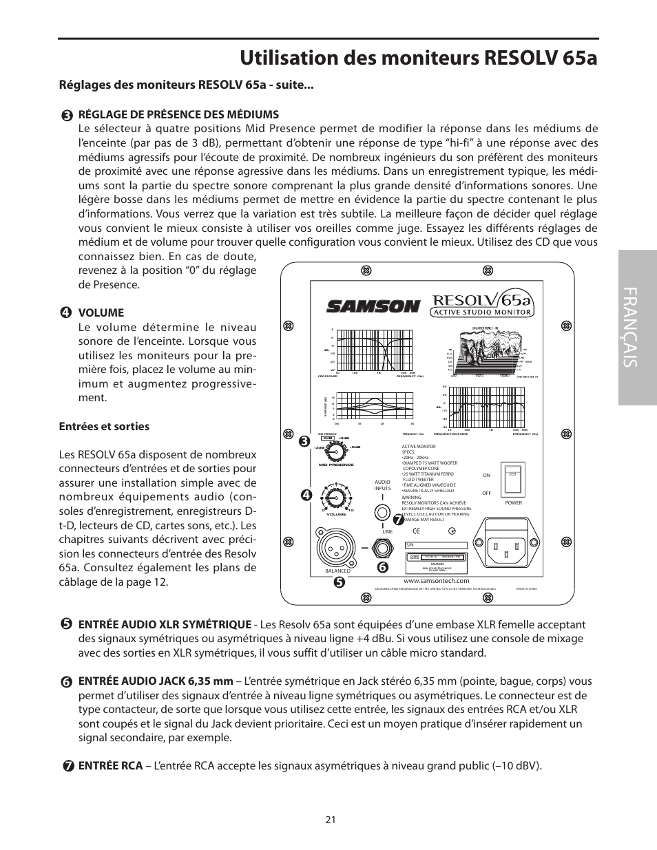 Entrées et sorties, Utilisation des moniteurs resolv 65a, Fr anç ais | Réglages des moniteurs resolv 65a - suite | Samson Resolv 65a RESOLV65A User Manual | Page 23 / 52