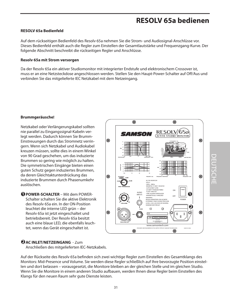 Brummgeräusche, Resolv 65a bedienen, Deut sche | Samson Resolv 65a RESOLV65A User Manual | Page 33 / 52