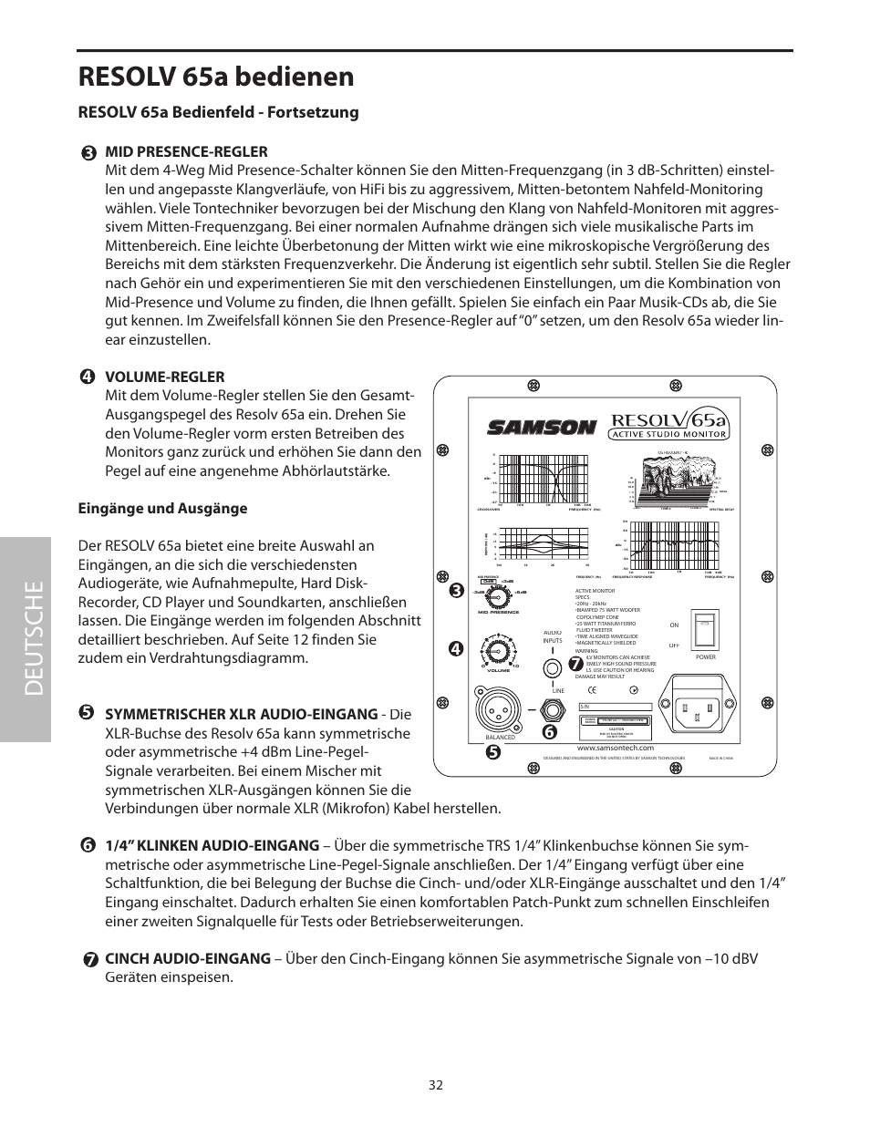 Eingänge und ausgänge, Resolv 65a bedienen, Deut sche | Resolv 65a bedienfeld - fortsetzung | Samson Resolv 65a RESOLV65A User Manual | Page 34 / 52
