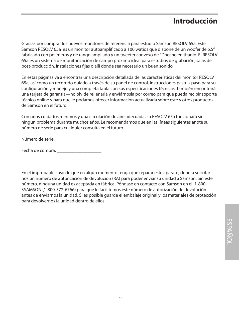 Español, Introducción, Esp añol | Samson Resolv 65a RESOLV65A User Manual | Page 37 / 52