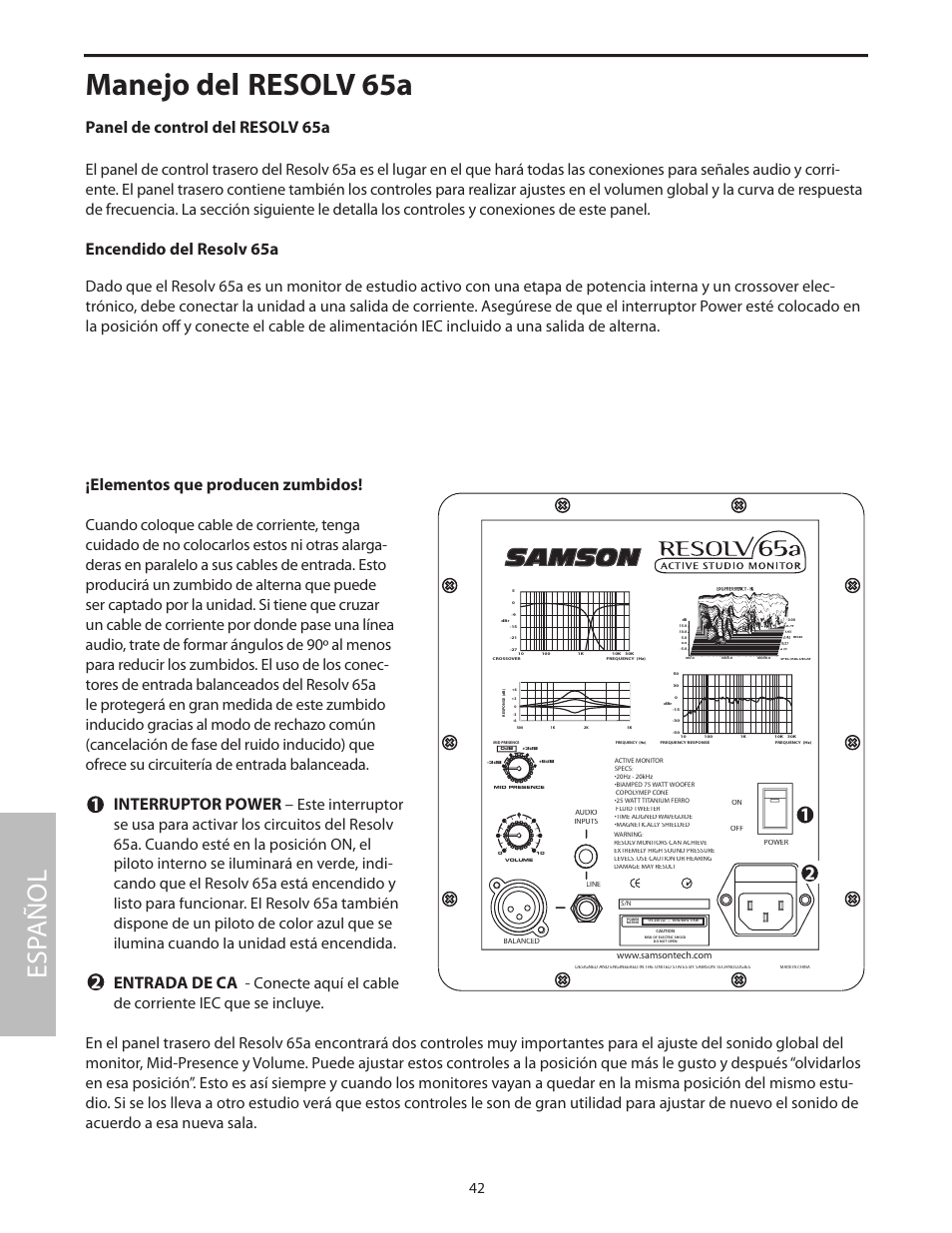 Manejo del resolv 65a, Encendido del resolv 65a, Esp añol | Panel de control del resolv 65a, Elementos que producen zumbidos, Interruptor power, Entrada de ca | Samson Resolv 65a RESOLV65A User Manual | Page 44 / 52