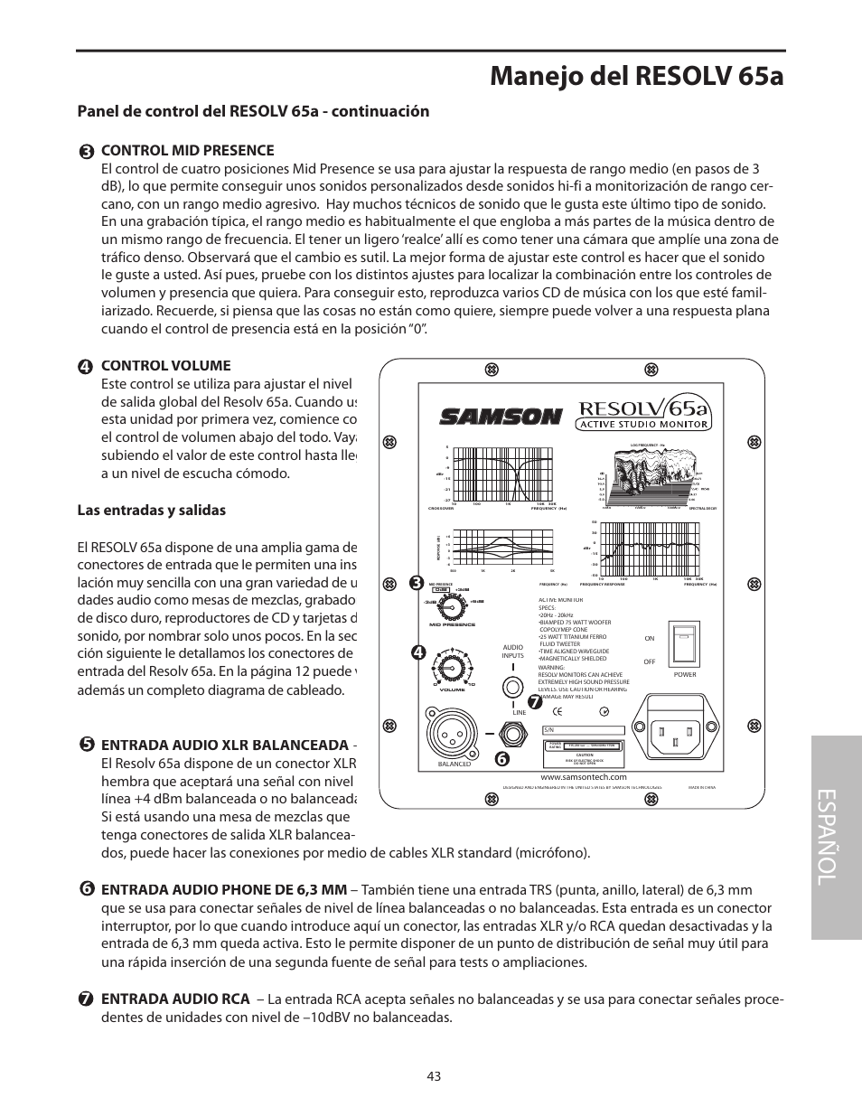 Las entradas y salidas, Manejo del resolv 65a, Esp añol | Panel de control del resolv 65a - continuación, Control mid presence, Control volume, Entrada audio xlr balanceada, Entrada audio phone de 6,3 mm, Entrada audio rca | Samson Resolv 65a RESOLV65A User Manual | Page 45 / 52