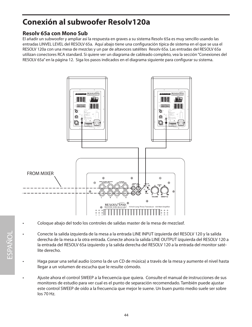 Conexión al subwoofer resolv120a, Esp añol, Resolv 65a con mono sub | Samson Resolv 65a RESOLV65A User Manual | Page 46 / 52